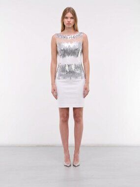 Blumarine Illusion Sequin Fringe Sheath Cocktail Dress Ivory Silver IT 40 US 4